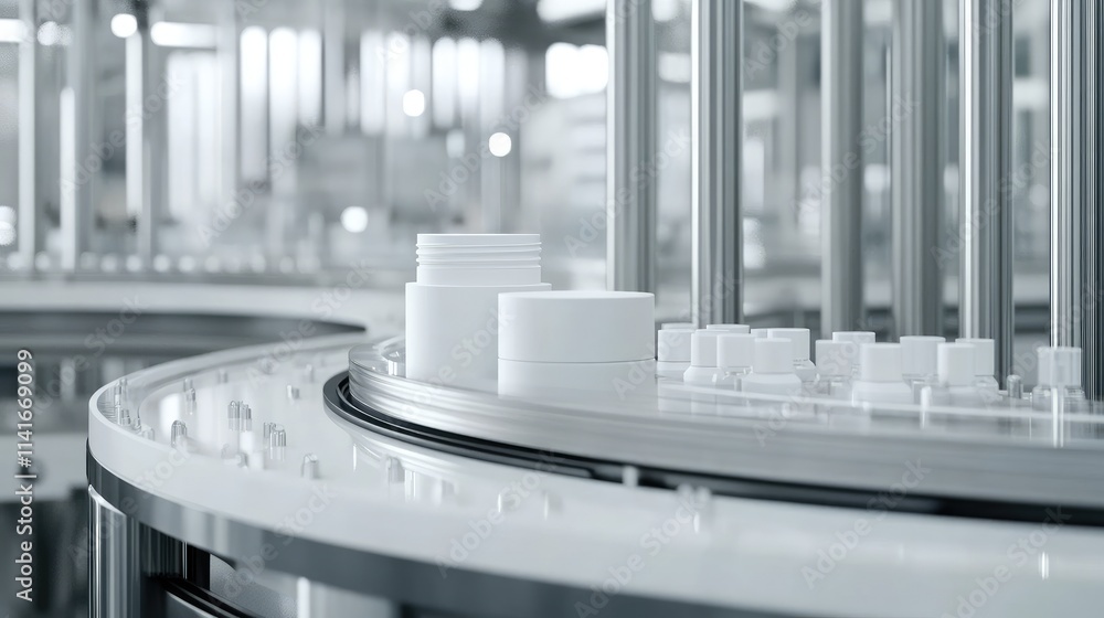 Poster close-up of a white plastic bottle moving on an automatic conveyor belt, with capping and labeling m