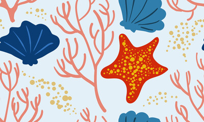 Seamless vector pattern. Underwater seamless pattern with corals and shells. Can be used for wallpaper, web page background, textile and other design. Vector  © Елена Явонова