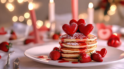 Romantic Valentine Day pancake breakfast sweet delicious festive love hearts strawberries red food dessert pancake breakfast food photography culinary valentines holiday celebration romantic
