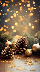 A festive arrangement with pinecones and ornaments, creating a warm holiday ambiance.