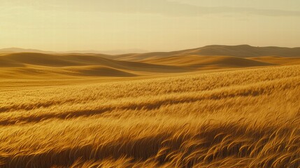 Obraz premium Golden wheat field in evening sun with softfocus hills background