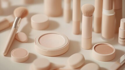 Detailed closeup of makeup items in beige shades, including powder, blush, and eyeshadow, along with matching makeup brushes. Ideal for beauty or cosmetic ads.