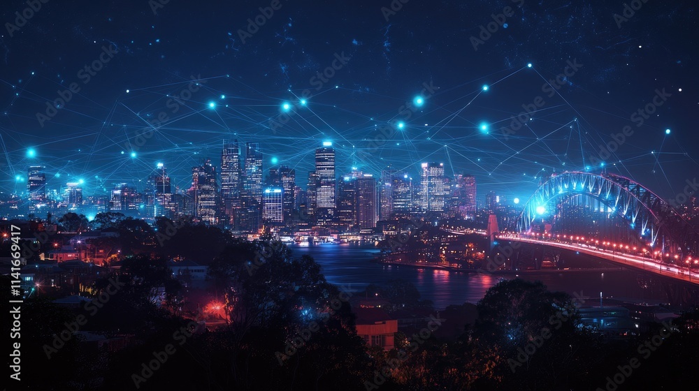 Poster digital connection lines glowing across a city skyline at night, representing the power of wireless 