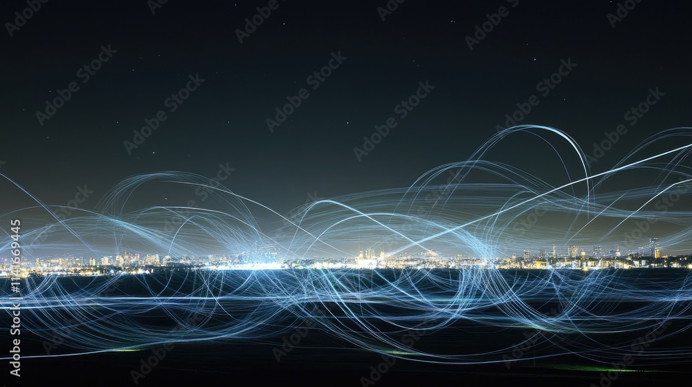 Poster digital connection lines glowing across a city skyline at night, representing the power of wireless 
