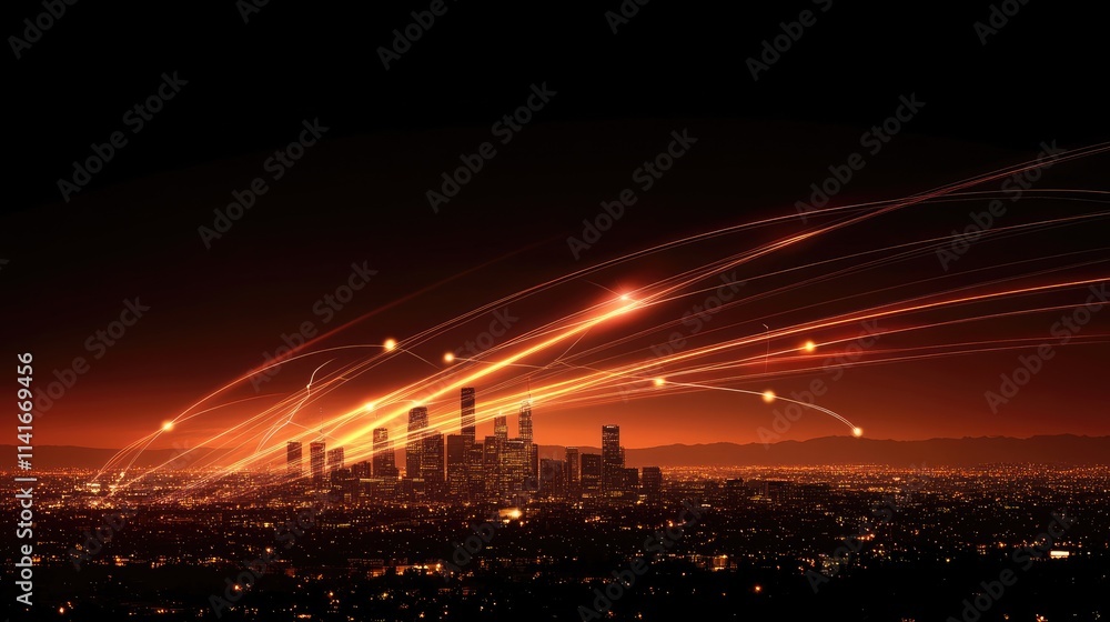 Poster digital connection lines glowing across a city skyline at night, representing the power of wireless 