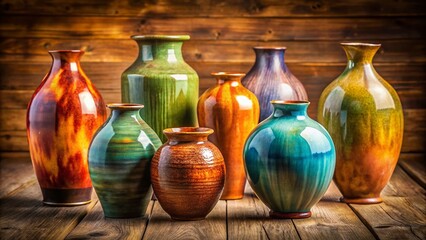Handmade Pottery Vases on Wooden Surface - Elegant Still Life
