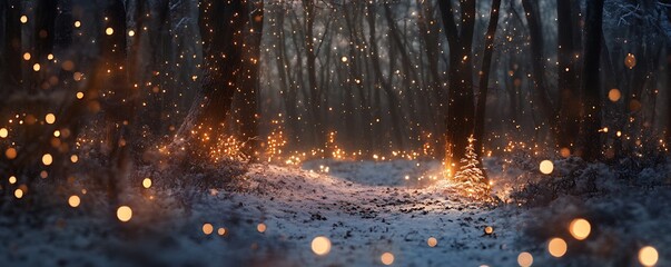 Obraz premium Winter Forest With Snow And Glittering Christmas Lights 