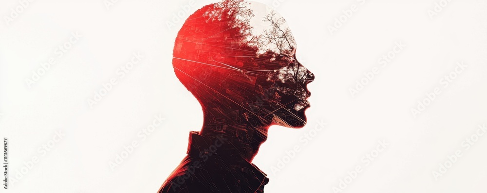 Aufkleber a conceptual illustration of a head in profile, with a vibrant red overlay and intricate patterns, s