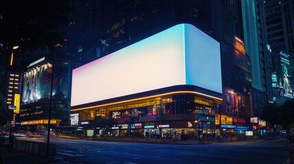 Empty blank billboard illuminated at night in a busy city center, providing a perfect space for horizontal advertising with glowing lights and a modern urban background.