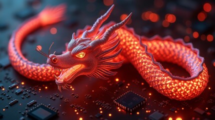 Illuminated dragon resting amid tech components, merging myth and modernity