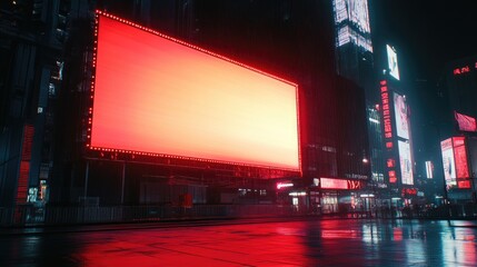 Empty blank billboard illuminated at night in a busy city center, providing a perfect space for horizontal advertising with glowing lights and a modern urban background.