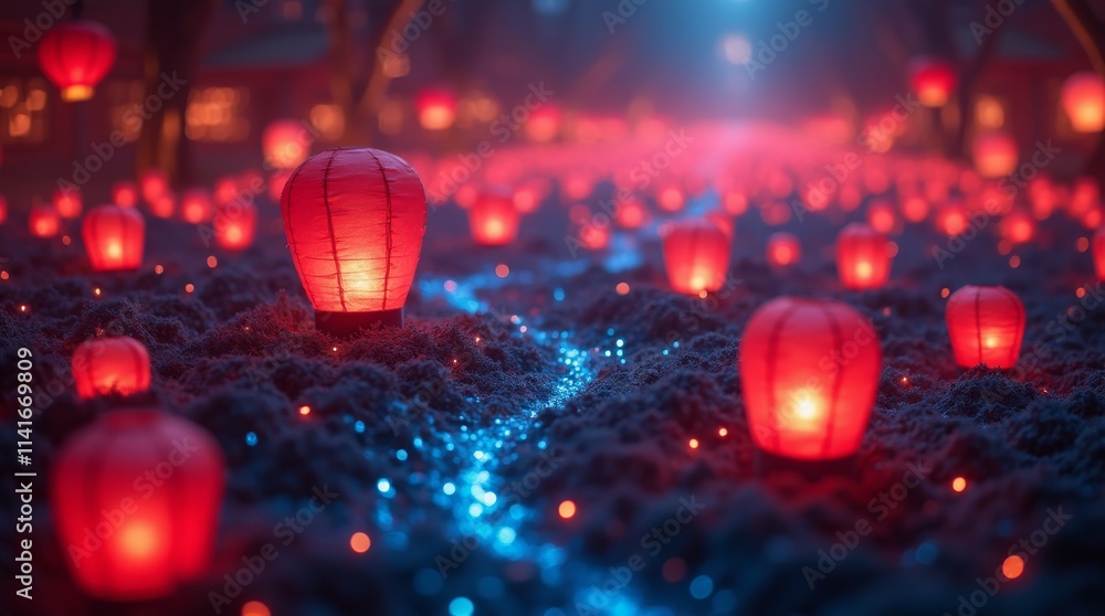 Poster vibrant lantern display on a tech grid, symbolizing a fusion of old and new