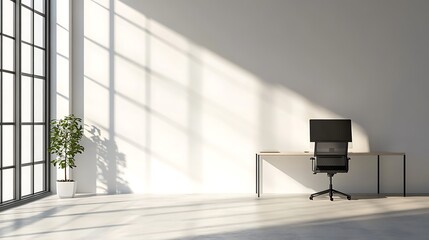 Modern Office Desk and Chair in Sunlit Loft Space - 3D Render. AI Generated