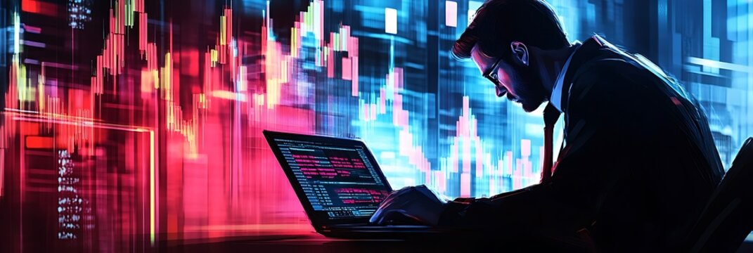 Investor watching live market data on laptop with fluctuating financial graphs  - Powered by Adobe