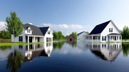 Flooded houses surrounded by water and greenery under a blue sky.