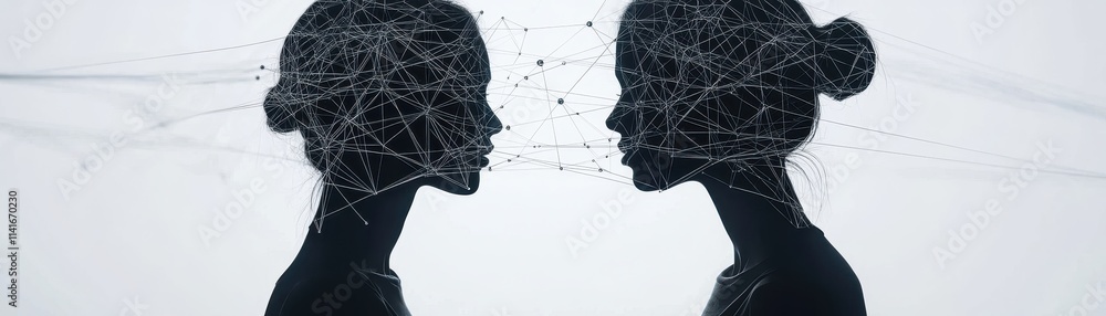 Poster two silhouetted profiles facing each other, interconnected by intricate web-like patterns, symbolizi