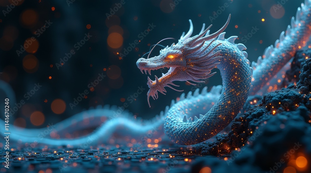 Poster illuminated dragon with tech details, merging mythical lore and futuristic vibes