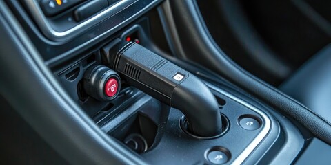 A car power adapter connected to a vehicle's power outlet to charge devices.