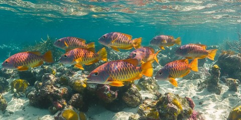 Fototapeta premium Vibrant School of Colorful Coral Reef Fish Swimming Underwater in Crystal Clear Ocean Water