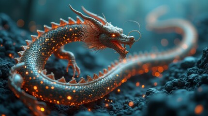 Glowing digital dragon rests on a circuit board, blending fantasy with technology
