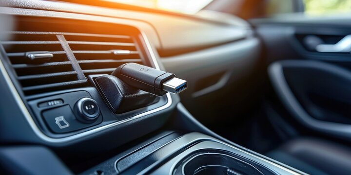 A car adapter plugged into a car's USB port, charging a device on the go.