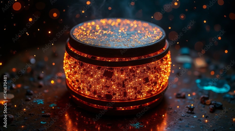 Poster glowing decorative container with intricate patterns, creating a warm and festive atmosphere
