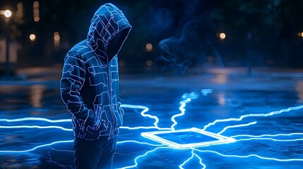Mysterious Figure in Hoodie Surrounded by Electric Energy Glow