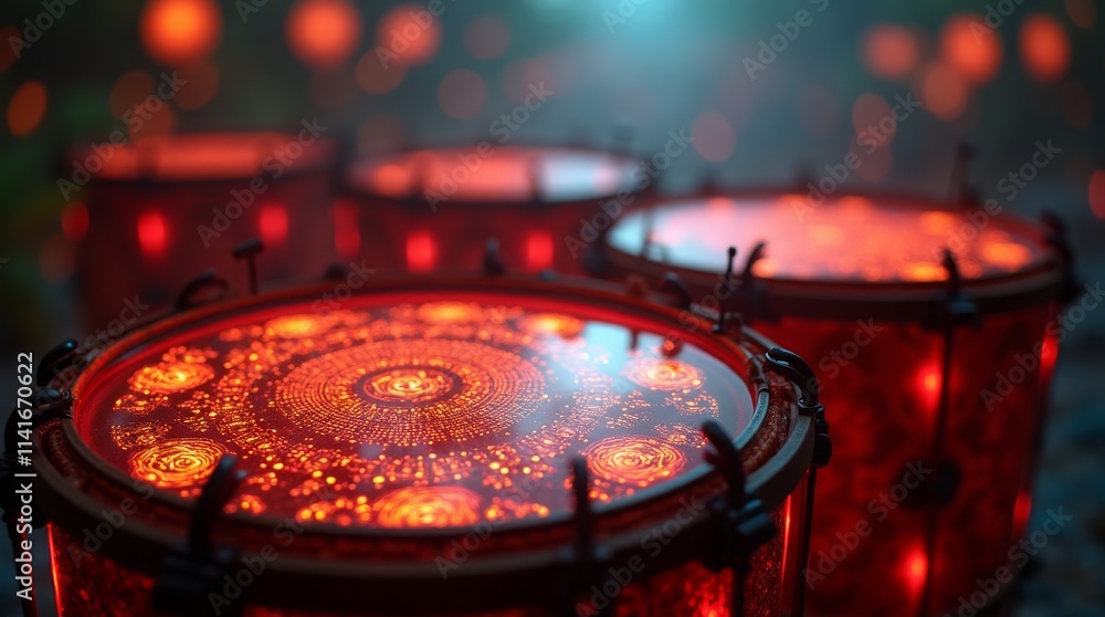 Poster glowing drums with intricate patterns, creating an enchanting and vibrant musical atmosphere