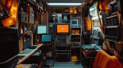 Fototapeta premium High-tech equipment inside an outside broadcasting van, with monitors, cameras, and other broadcast tools used for live transmissions.