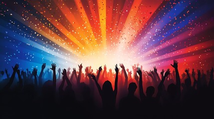 Crowd of people cheering in a crowded concert, colorful dancing headlights decoration in a concert, happy night singing and music
