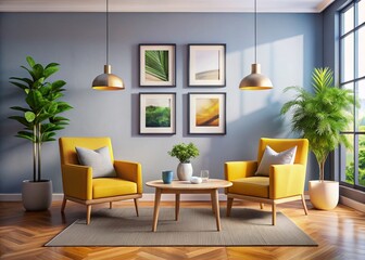 Fototapeta premium Minimalist Living Room Interior Design with Armchairs, Coffee Table & Empty Frames - AI Photo
