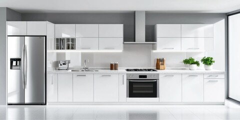 A clean, modern kitchen with white cabinetry and stainless steel appliances.