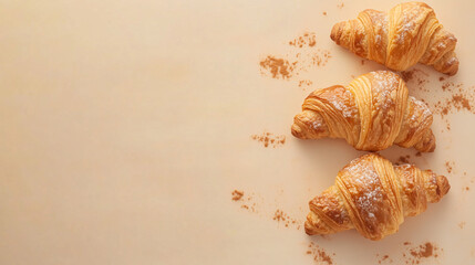 Freshly baked croissants on cream background in cozy bakery setting culinary art warm tones inviting atmosphere