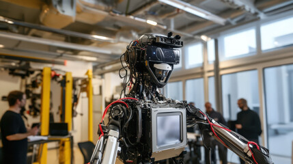 Smiling humanoid robot workshop AI robotics technology futuristic innovation machine metal wires screen display electronics engineering laboratory research development human people background