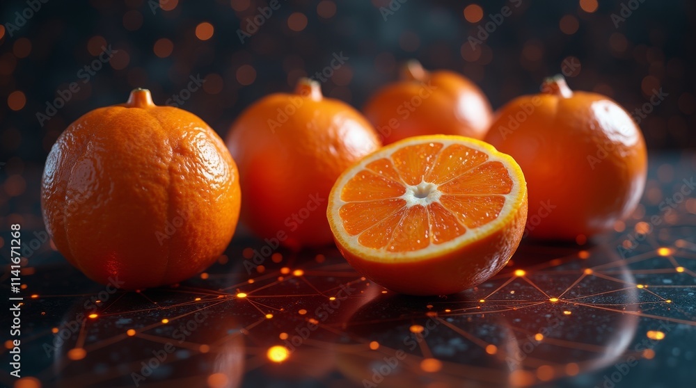 Poster close-up of oranges with glowing bokeh, blending natural and digital elements