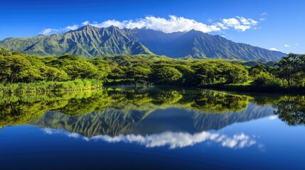 Majestic mountain peaks reflecting in a serene lake, with lush surroundings creating a peaceful landscape. Great for nature, adventure, and wellness marketing.