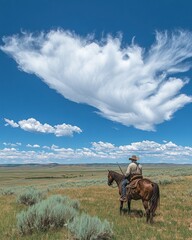 A cowboy on horseback gazes at a vast landscape under a dramatic cloud formation.