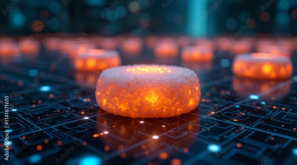 Poster glowing textured discs on a digital circuit surface, merging tech with creative design
