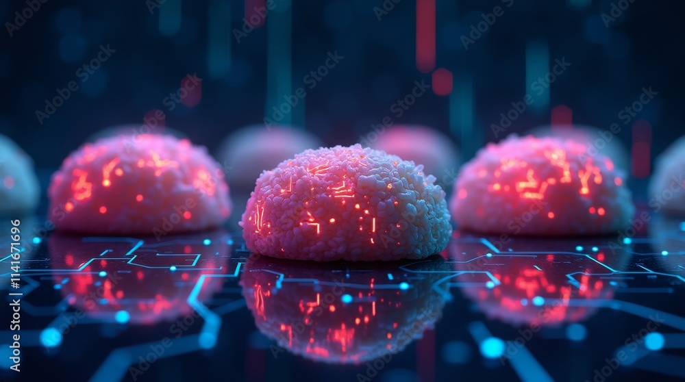 Poster glowing circuit-inspired domes on a digital surface, blending technology with futuristic design