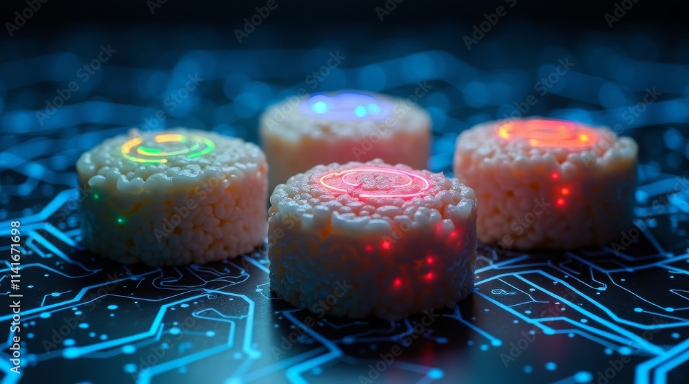 Poster four glowing circuit-themed objects on a digital surface, merging technology with modern art