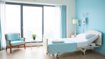 Bright and modern hospital ward with single bed, white linens, light blue blanket, IV stand, medical equipment, large windows, armchair, light blue walls, potted plant