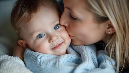 Loving mother tenderly kissing her baby while cuddling together on a cozy bed in a warm and peaceful