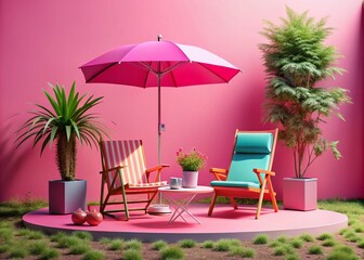 Fototapeta premium Pastel Pink & Hot Pink Minimalist Outdoor Furniture - 3D Social Media Render