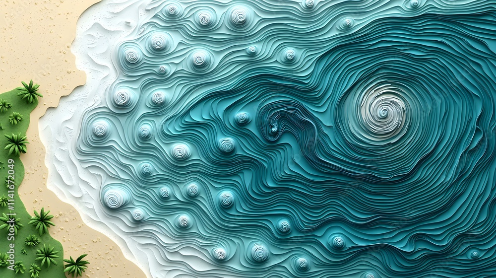Poster abstract waves and beach scene with spiraling patterns and shapes