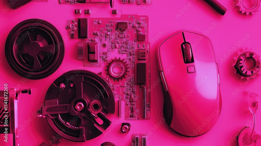 Poster The internal components of a computer mouse, with gears and sensors visible, set against a vibrant pink background.