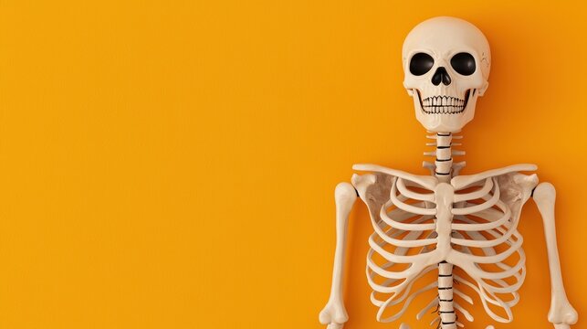 Funny cartoon skeleton on pastel orange background fun concept