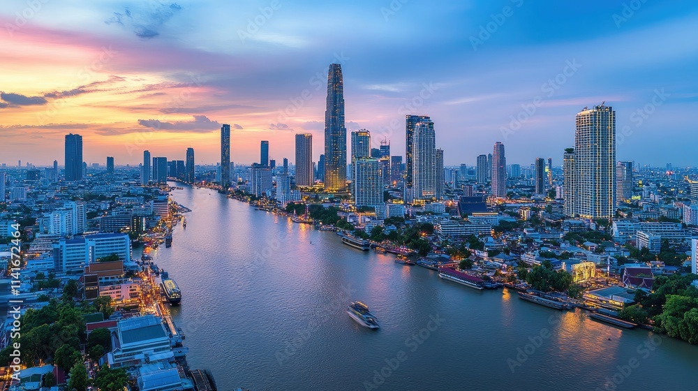 Poster the skyline of bangkok with a digital overlay of wireless communication networks, including 5g and i