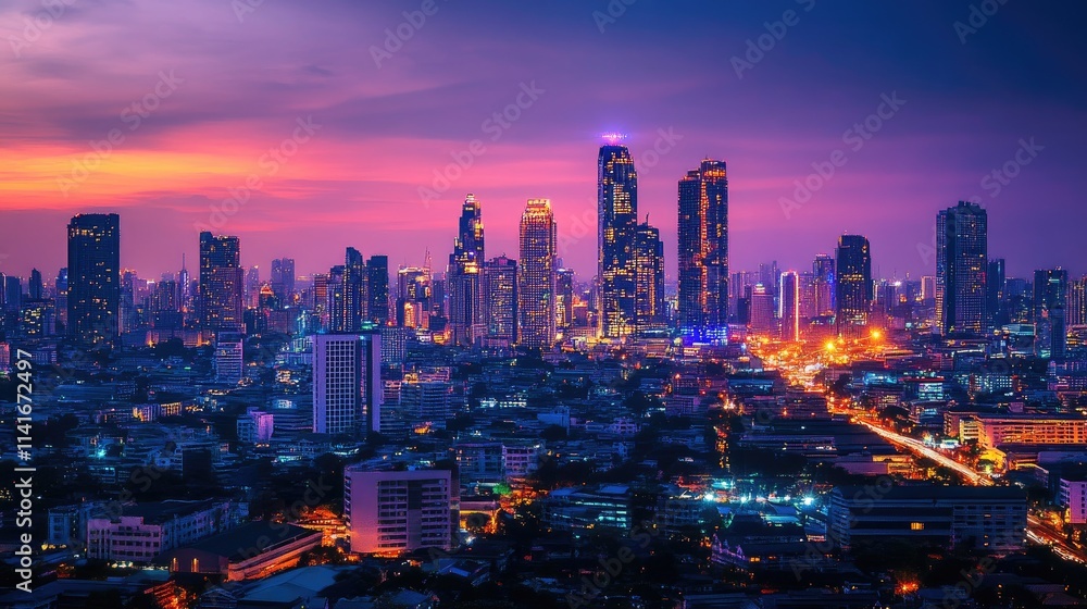 Poster the skyline of bangkok with a digital overlay of wireless communication networks, including 5g and i