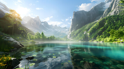 Experience Tranquility: Serene Mountain Landscape with Clear Lake and Towering Peaks