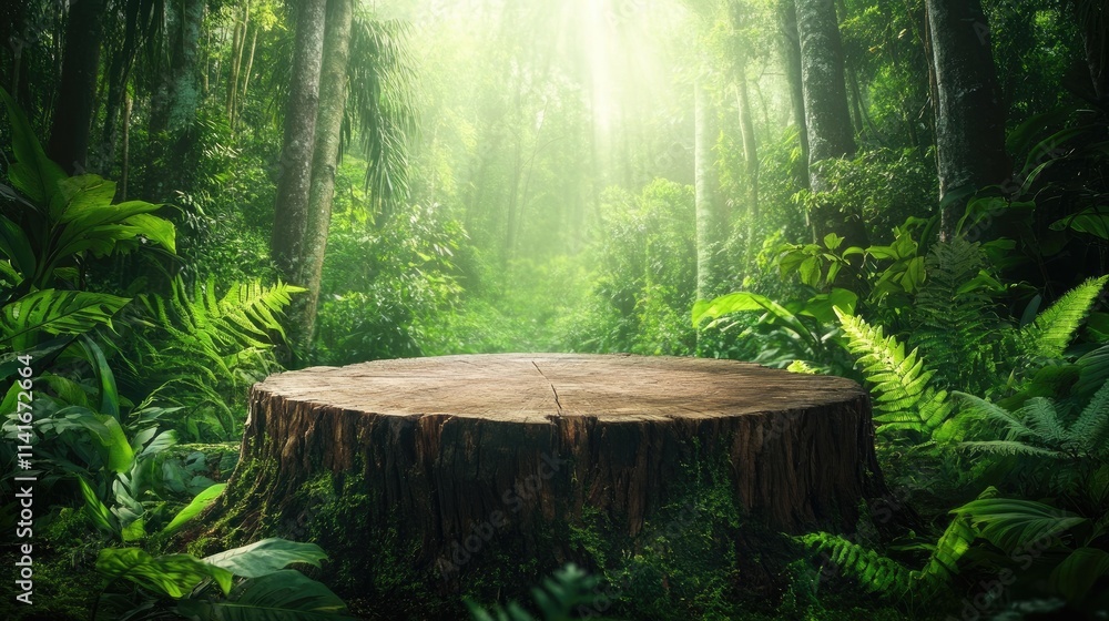 Poster wooden stump in the middle of a lush forest with tall trees, offering a beautiful, natural backdrop 